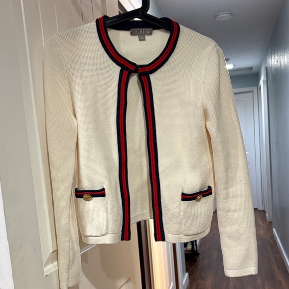 J. Crew Ivory Cardigan with Navy and Scarlet Accents - Picture 3 of 10